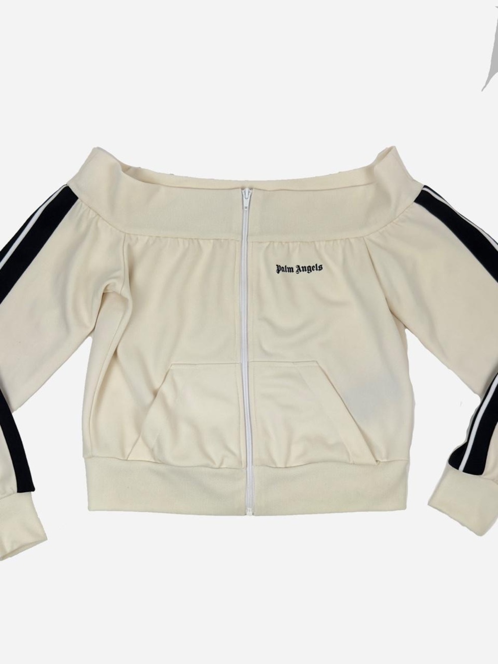 Palm Angels Cream Off-Shoulder Zip Track Jacket with Black Stripes